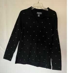 Jones New York Women's XL Black V-Neck Sweater Pearl Embellishments Wool Blend